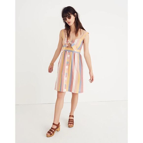 Madewell Tie-Front Cutout Dress in Sherbet Stripe, Size 6 - Picture 1 of 14